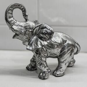 Good Luck Elephant Figurine, Trunk Upward, Silver- Painted Resin, 6.25” Tall